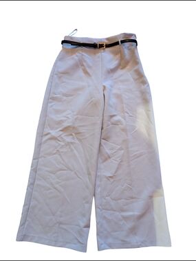 Zara Cream Wide-Leg High Waist Pants with Black Belt